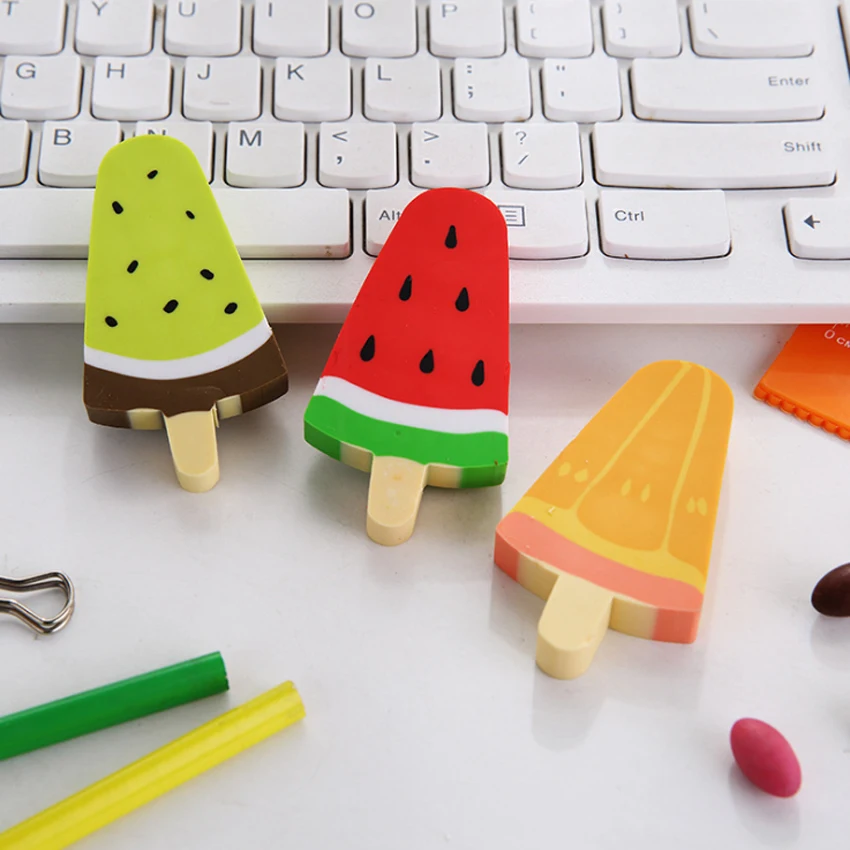 

1pc/lot Kawaii Fruit Watermelon Kiwi Popsicle Rubber Eraser Stationery School Office Supplies Student Gift Random