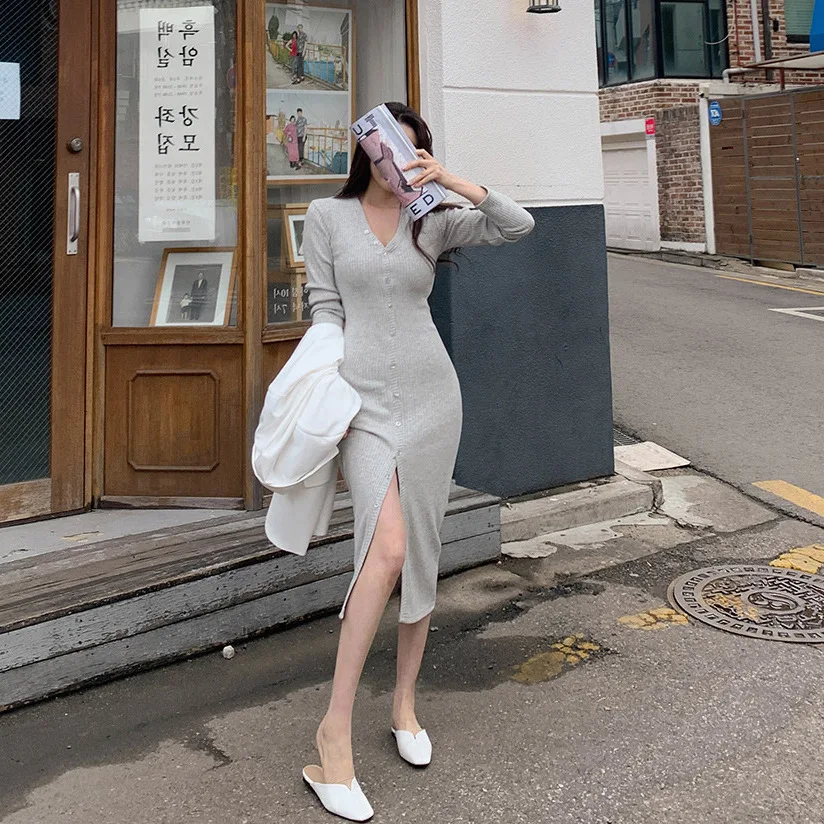 

7349 Autumn Winter New Pure Desire Sexy V-Neck Multi-Button Waist Slimming Inner Dress Long Cardigan Jacket