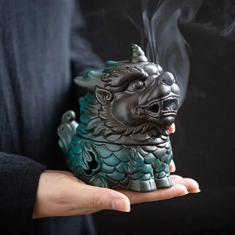 Ceramic Qilin Incense Burner Chinese Mythical Beast Censer Zen Sandalwood Incense Holder Home Desktop Decor Ornament