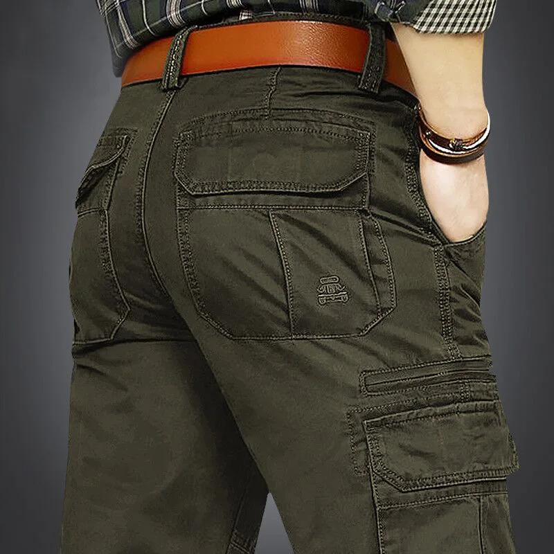 Calças cargo masculinas de algodão puro com vários bolsos, calças casuais sólidas de grandes dimensões, roupas masculinas de alta qualidade 30-48