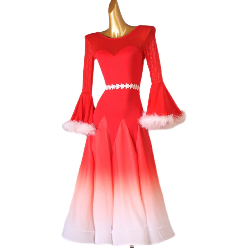 جديد الفالس حفلة قاعة الرقص الأحمر المنافسة جولة الرقبة التدرج ممارسة الرقص البدلة أداء ريشة المرحلة زي #5