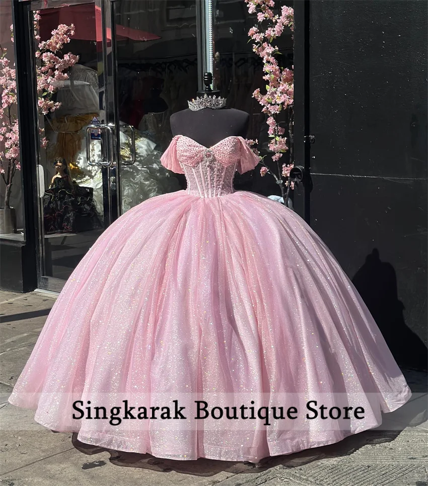 Princess Hot Pink Ball Gown Quinceanera Dresses Corset Gown Glitter Beads Rhinestones Birthday Party Sweet 16 Dress Customized