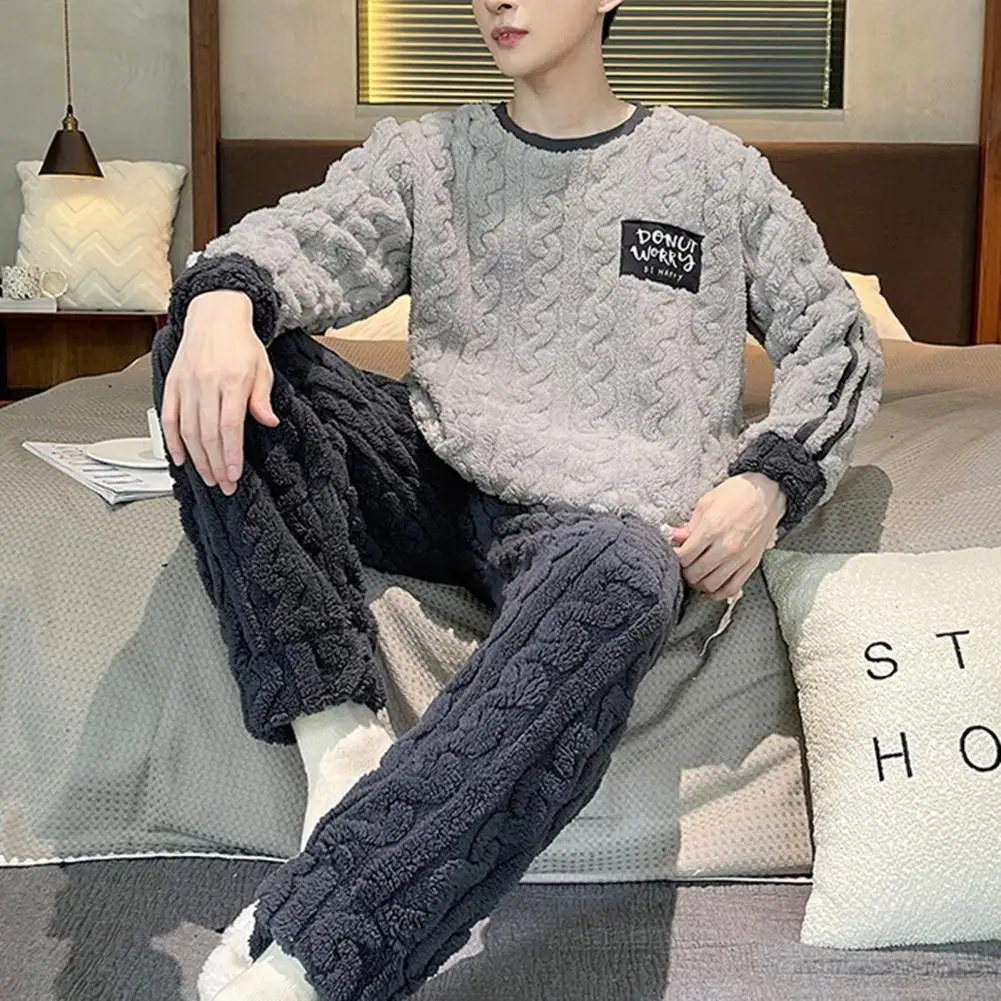 Round Neck Pajama Set Cozy Men's Winter Pajamas Set with Round Neck Long Sleeve Thick Twisted Texture Elastic Waist Soft for Men