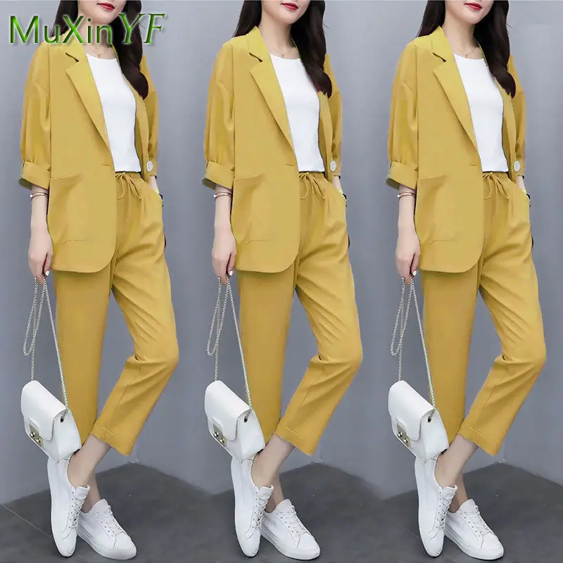 Conjunto de calças e blazer fino solto de duas peças para mulheres, terno casual, jaqueta e calça, conjunto de combinação elegante, coreano,