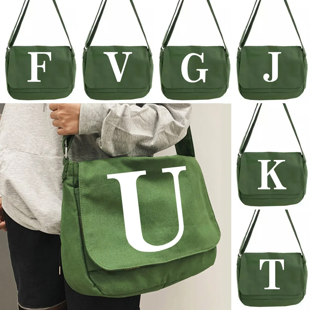 Cute New Large Capacity Shoulder Bags Green Canvas Leisure Travel Messenger Bag White Letter Series for Women Crossbody Package
