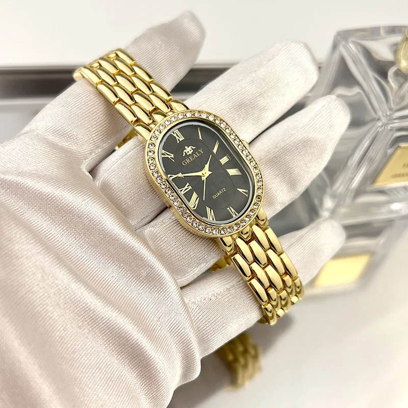 ساعة رجالية فاخرة الأعمال الدقة البيضاوي الماس مطعمة سوار ساعة اليد أنثى موضة ساعات كوارتز على مدار الساعة