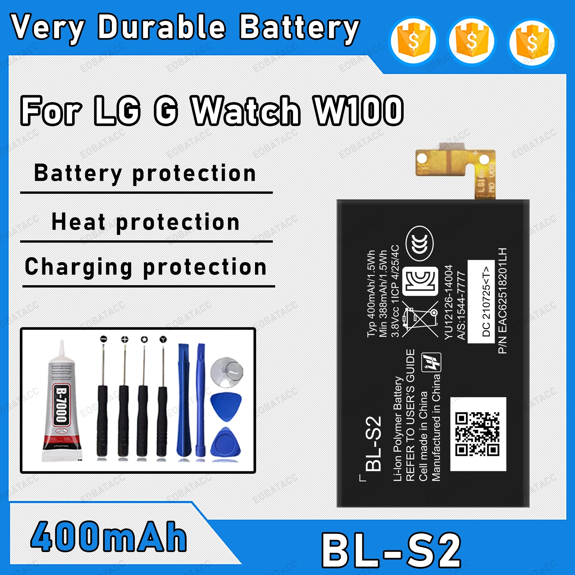 

400mAh 100% New BL-S2 Battery For LG G Watch W100 Replacement Bateria+Free Tools