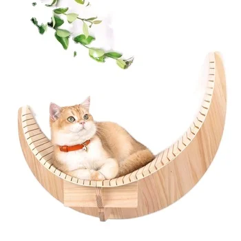 Factory Customized Hanging Cat Climbing Frame Solid Wood Cat Bed Moon Shaped Hammock Indoor Cat Wall Shelf