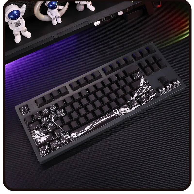 Black and White Sea Wave Theme Keycaps 128 Keys Side-engraved PBT  Cherry Profill Keycap Mechanical Keyboard Accessories Gift