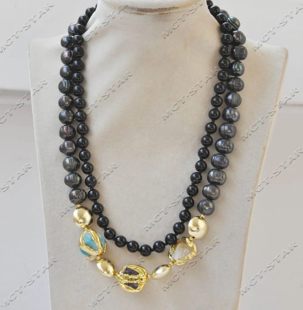 

Z13076 2Row 19'' 18mm Black Round Pearl Agate Gold plated Crystal Necklace