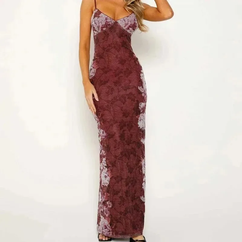 

Summer Floral Print Long Maxi Dress Women Sexy Y2k Red Rose Sleeveless Backless Bodycon Dresses V-neck Bodycon Dress