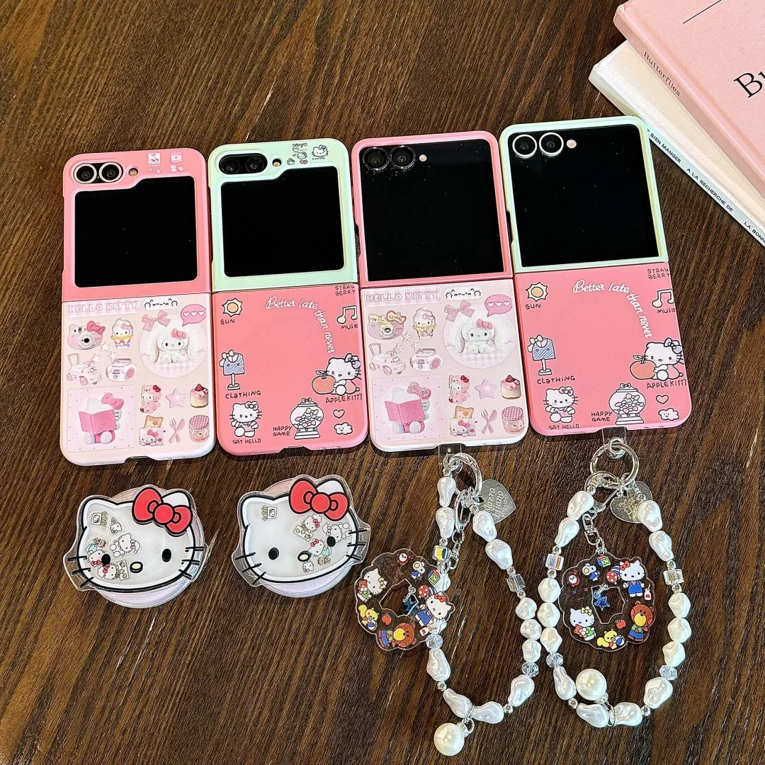 

Cute Cartoon Hello Kitty Magnetic Stand Holder Phone Case For Samsung Galaxy Z Flip 7 6 5 4 3 Girl Anti Fall Cover With Lanyard