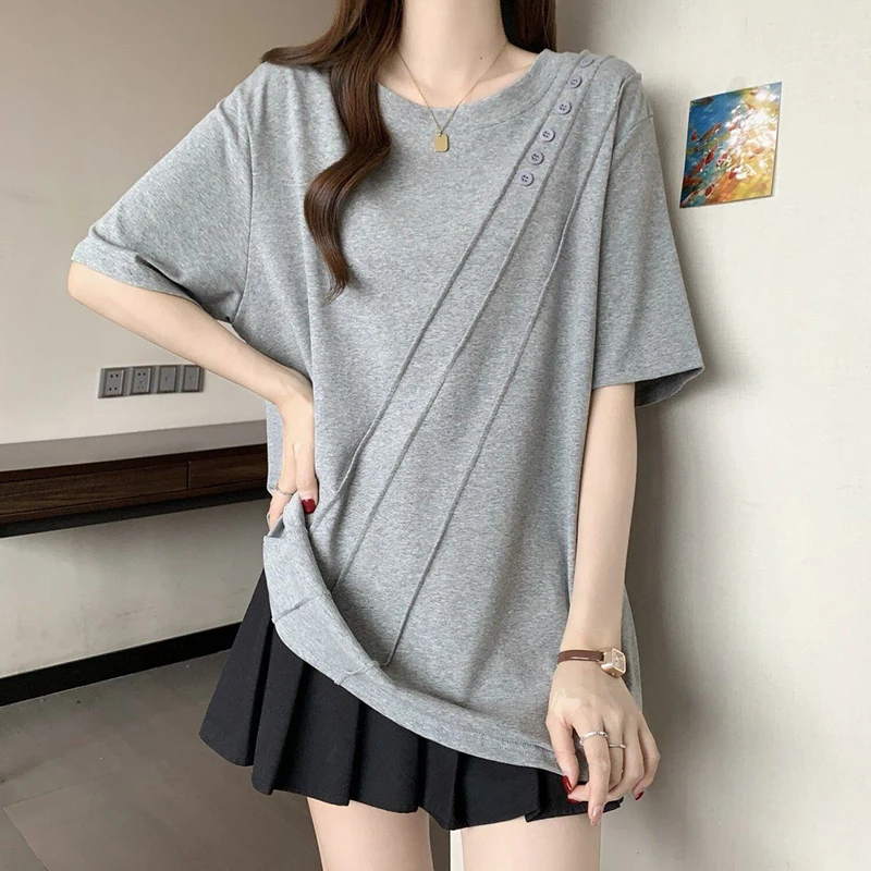 2026 New Women Solid Color Diagonal Button Irregular Hem Right Shoulder Summer Loose Plus Size Casual Short Sleeve T Shirt