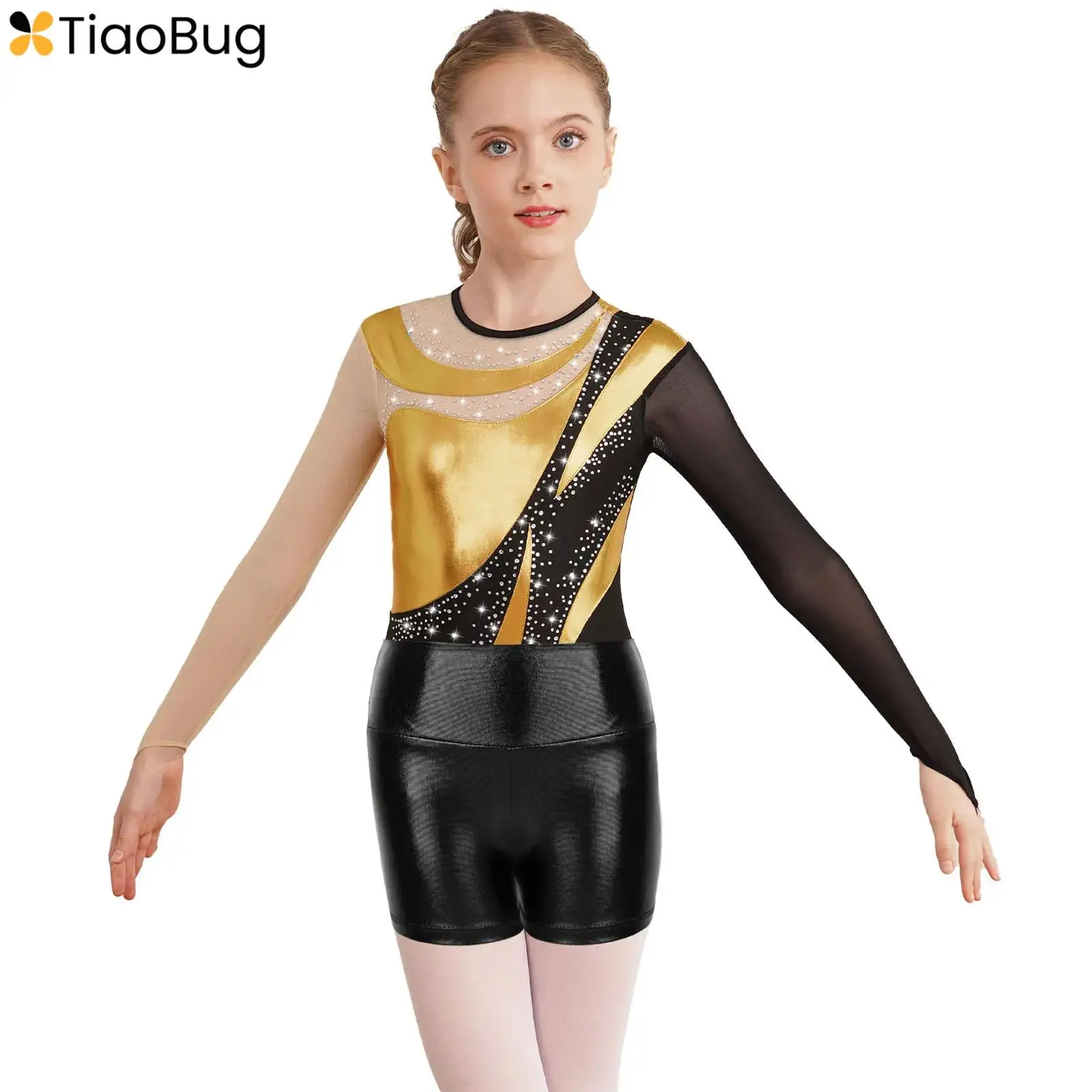 

Kids Girls Ballet Dance Gymnastic Leotard Metallic Rhinestone Long Sleeve Figure Ice Skating Bodysuit Jumpsuit Unitard Dancewear