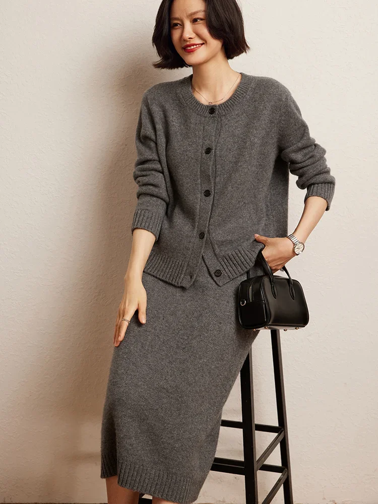 Luxury Women's Sweater Suite Cardigan Straight Skirt 100% Cashmere Autumn Winter Sweater Clothing Office Maxi Dress Set Knitted