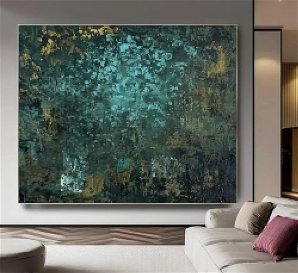 

Custom Size Color Design Green Gold Metallic Heavy Textured Handmade Abstract Oil Painting for Home Living Room Wall Art Decor