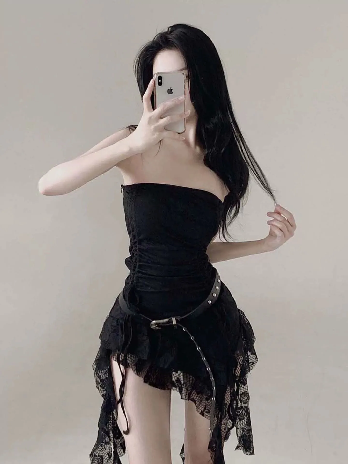 Spicy Girl Style Lace Splice Asymmetrical Fringe Women's Summer Tube Dress Drawstring Pleated Waist Inward Dress