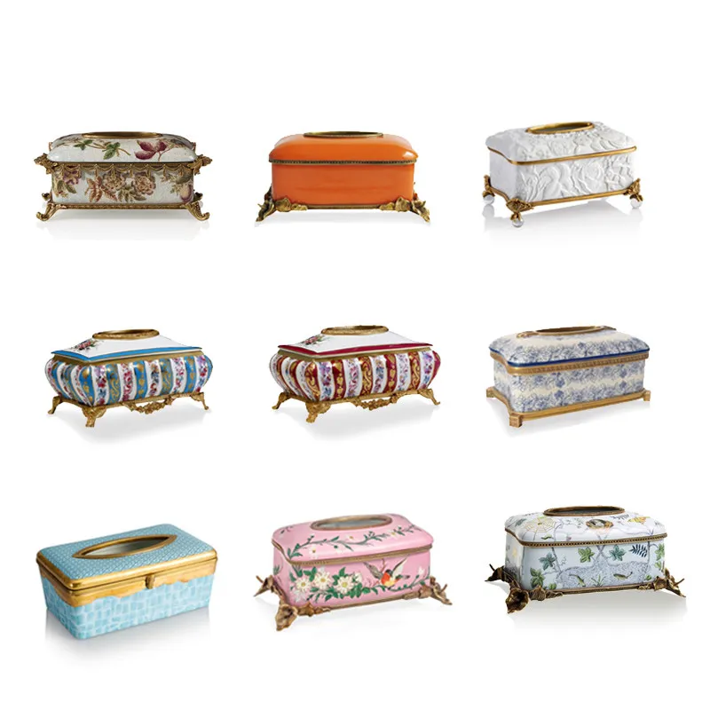 French luxury colored glass decorative ornament ceramic with copper living room desktop exquisite tissue box storage box