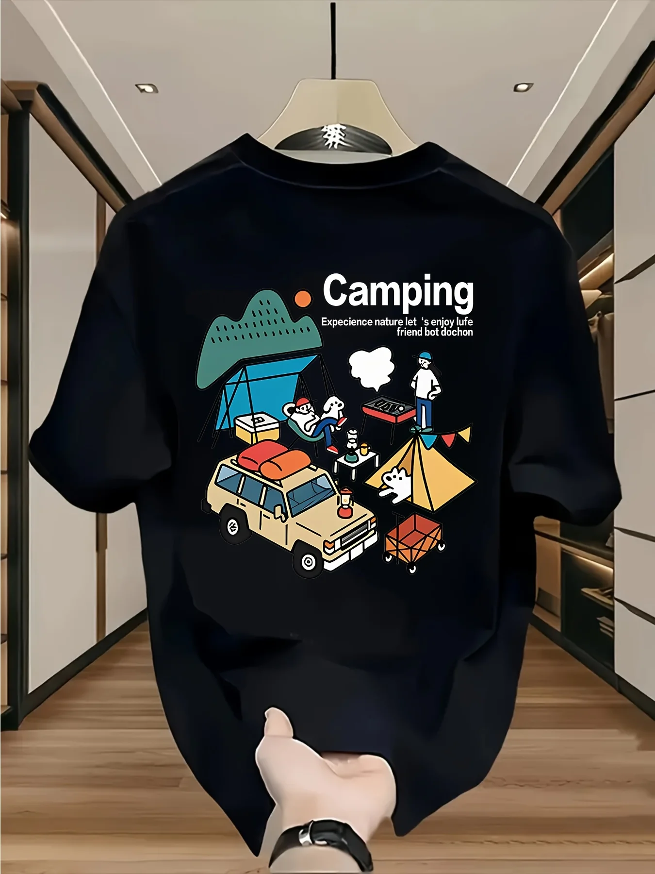 Camiseta Gráfica de Aventura em Camping com Estampa de SUV e Barraca, 100% Algodão, Camiseta Masculina Casual Inspirada no Verão