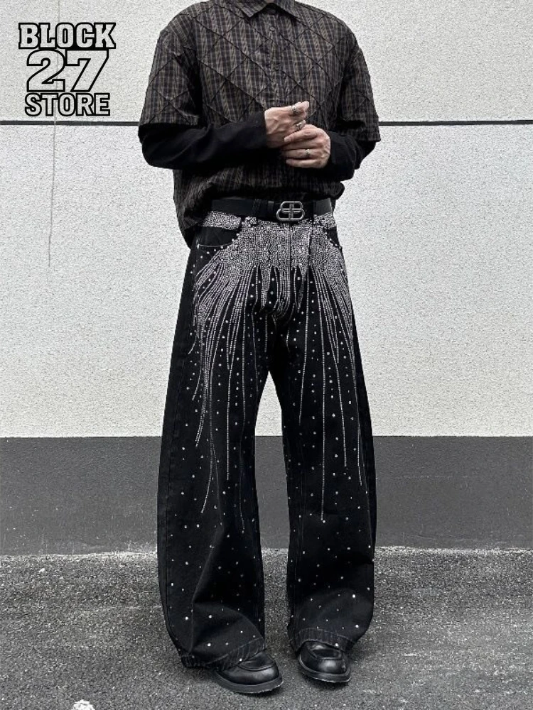 

Mens Jeans Harajuku American Bling Rhinestone Star Washed Curved Denim Pants Streetwear Wide Leg Loose Dragging Trousers Fashion