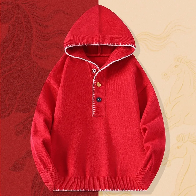 

Красный вязаный мужской свитшот свободного кроя с капюшоном для Нового года, зимний, модный, повседневный, удобный, с длинными рукавами, с круглым вырезом, пуловер