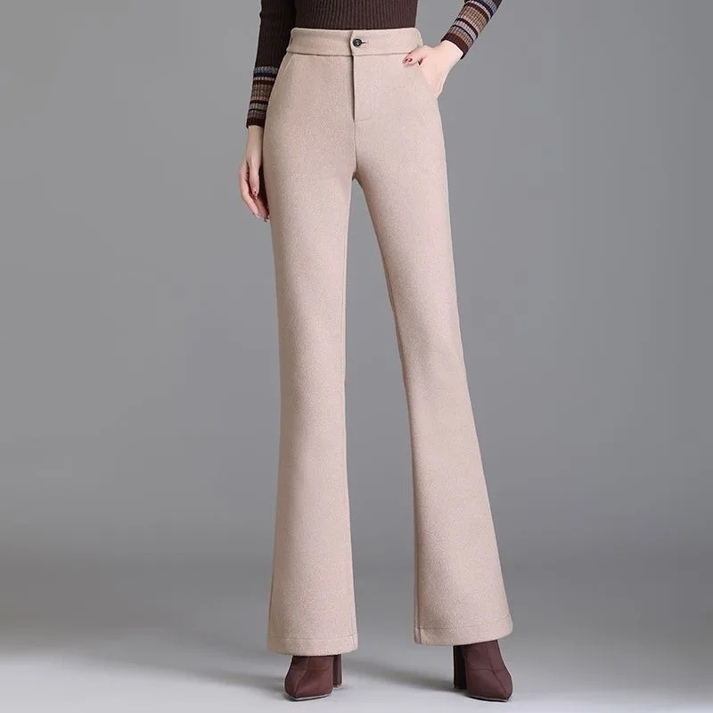 

Autumn Winter Wool Elastic Waist Slightly Flared Pants Women's New Casual Pants Slim Fit Flared Pants