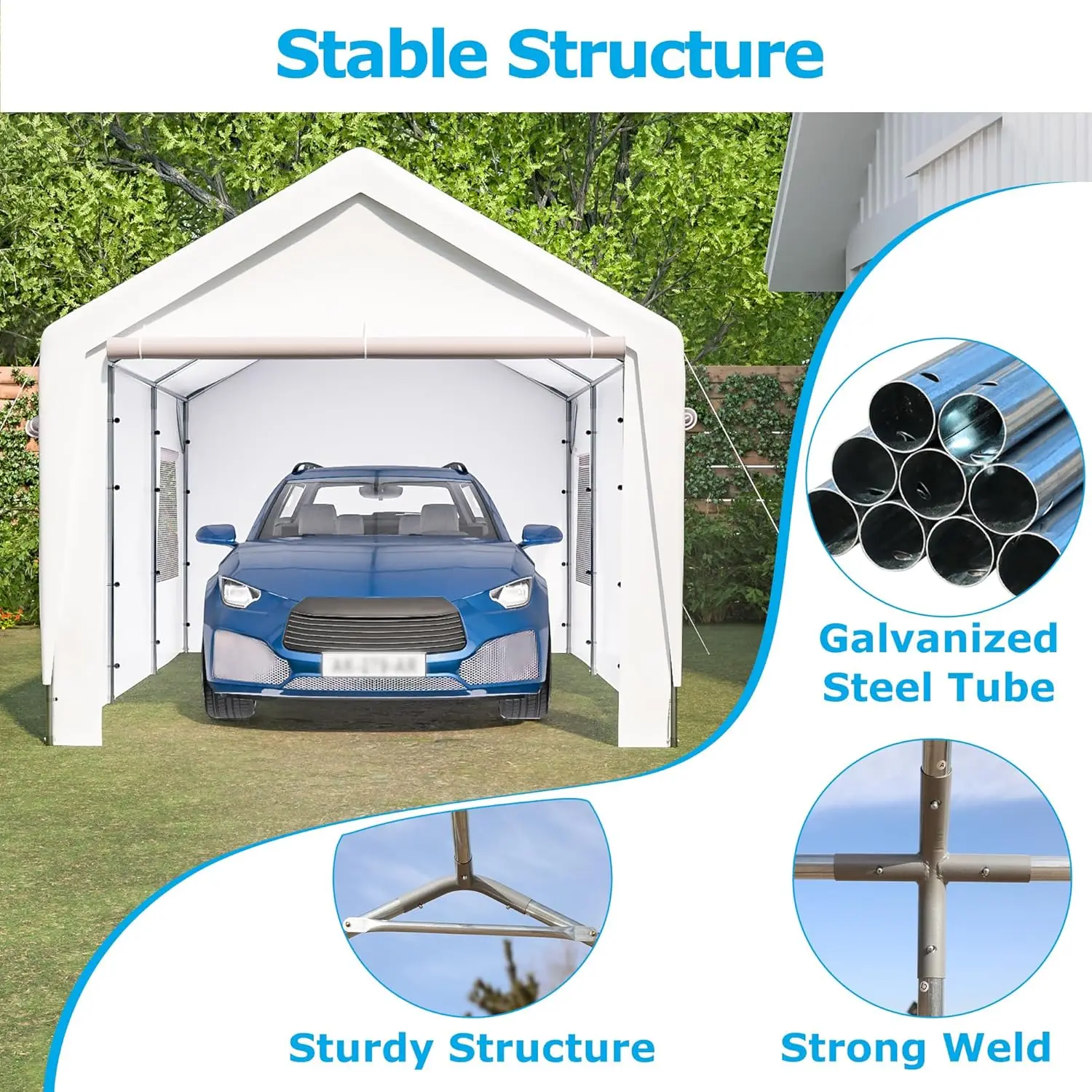 Carport, 10X20 Ft Large Heavy Duty Car Port With 4 Roll-Up Ventilated Windows, Portable Garage Car Canopy With Removable