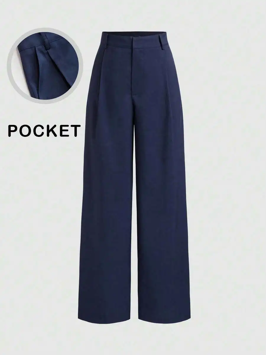 

Navy Blue High-Waisted Wide-Leg Trousers with Front Pocket and Zipper Closure