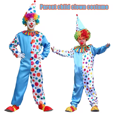 Parent-Child Circus Clown Polka Dot Jumpsuit Funny Magic Stage Performance Outfit Suitable for Halloween Party, Carnival