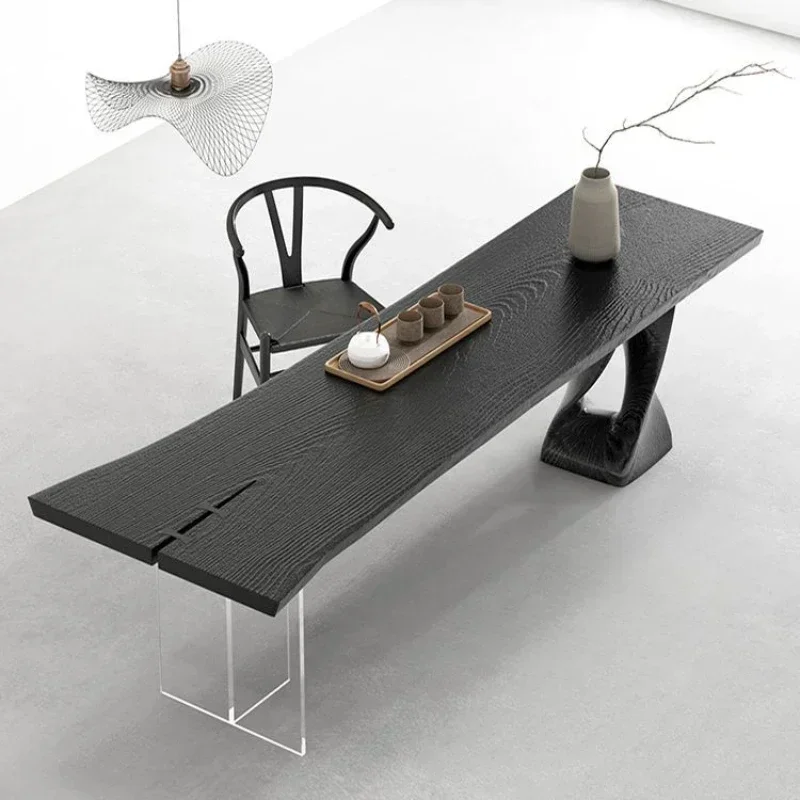 طاولة شاي خشبية سجل متفحمة باللون الأسود طاولة كبيرة لغرفة المعيشة بسيطة وخفيفة فاخرة صينية شاي منزلية نمط صامت