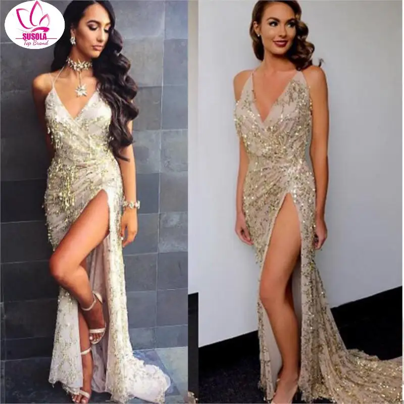 Summer Women See Through Backless Sequined V-Neck Elegant Lace Long Dress Sexy Maxi Split Dress Evening Party Dresses Vestido