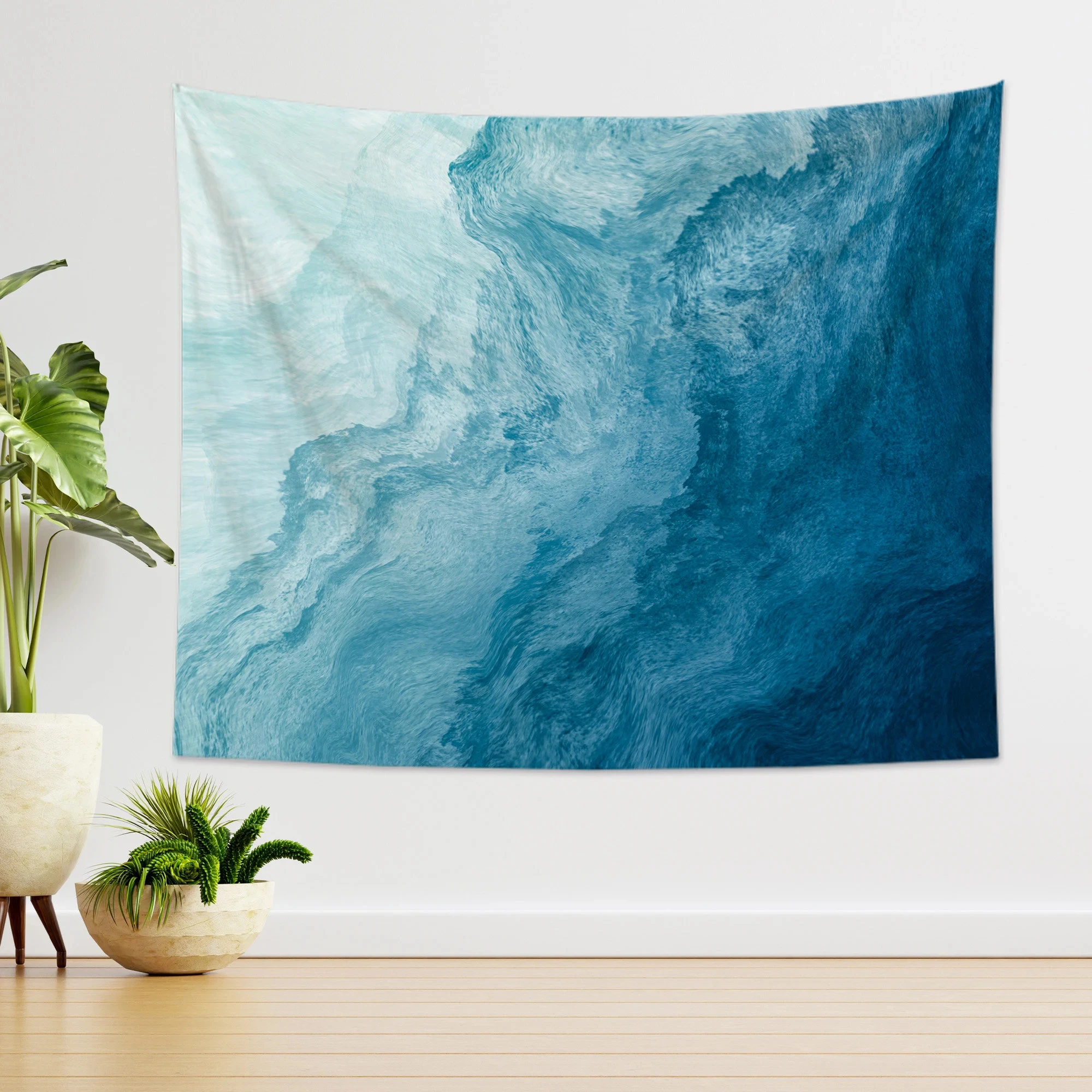 

Blue Abstract Wave Tapestry - Minimalist Ocean Wall Decor, Durable Fabric for Bedroom & Living Room Setup