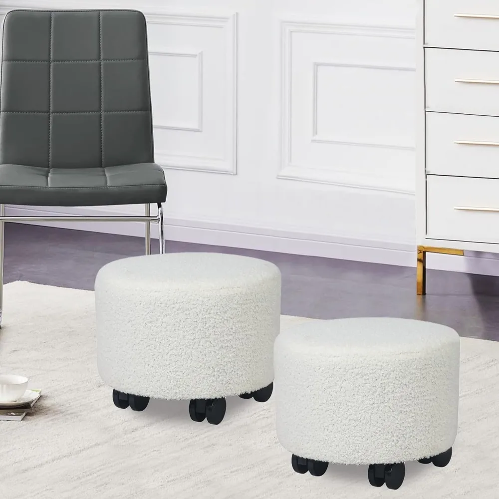 

Faux Teddy Fur Round Ottoman with Rolling Wheels, Set of 2, Foot Stool Footrest for Living Room Bedroom, White 11.8x11.8x9.6