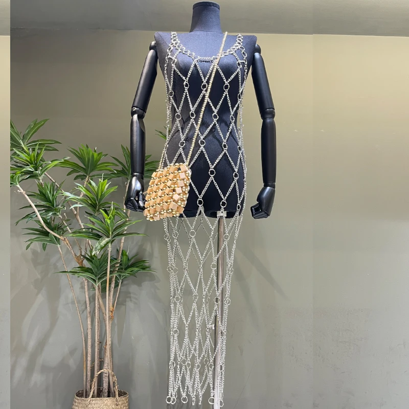 فستان مثير للنادي مصنوع يدويًا شفاف من خلال سلسلة معدنية للجسم للعطلات للنساء بدون أكمام فستان طويل ملابس Y2k Fashion #2