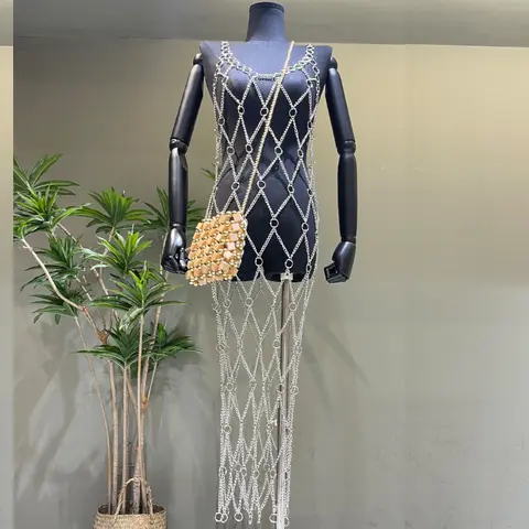 Sexy Club Fashion Handmade Dress See Through Metal Body Chain Holiday Women Sleeveless Long Vestidos Dress Clothes Y2k Fashion