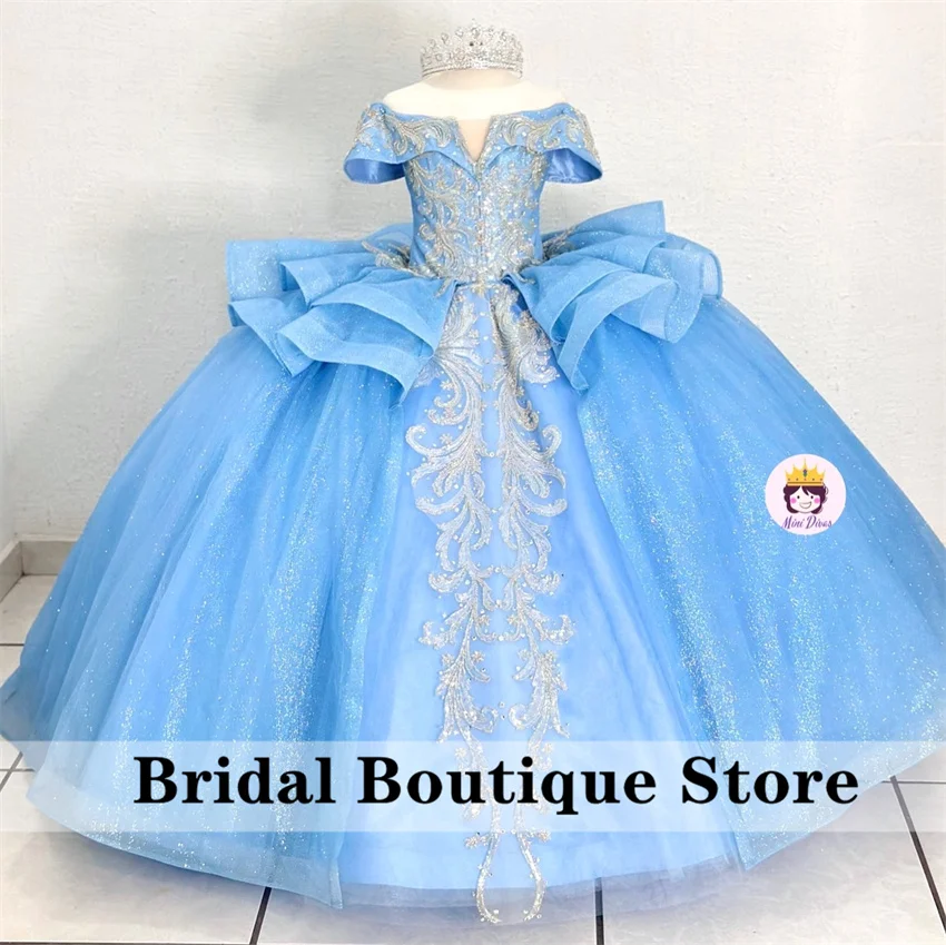 

Sky Blue Flower Girls Dresses Applique Crystals Beads Pageant Dresses Luxury Child Birthday Party Gown Ball Gown Customized