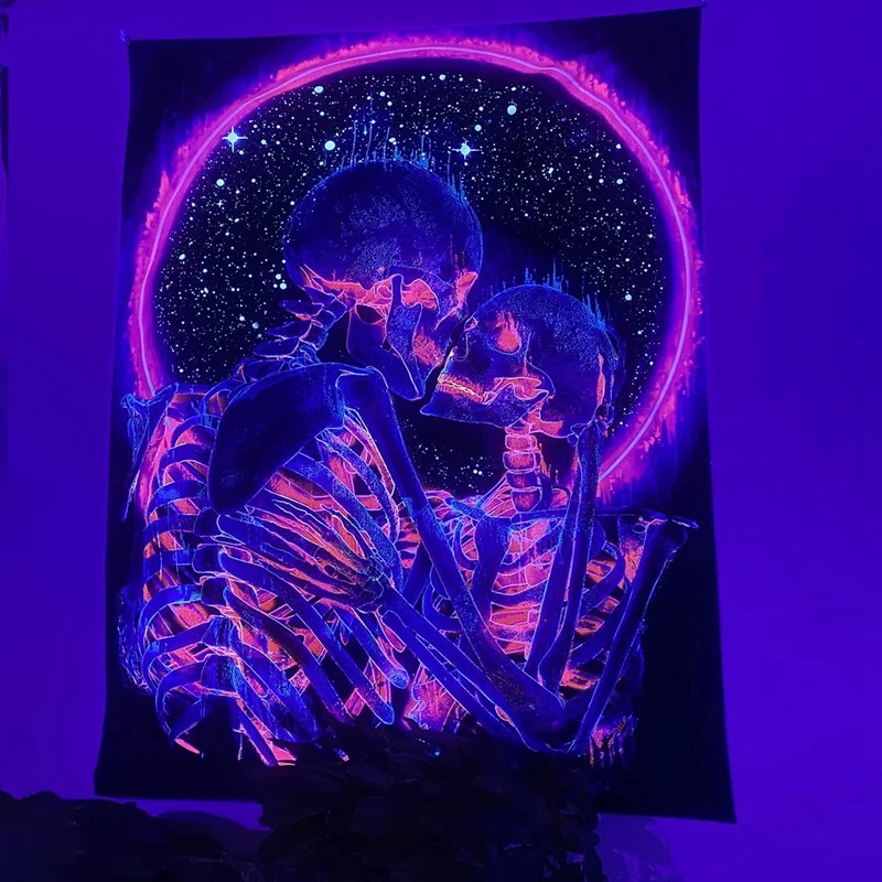 New Blacklight Skull Tapestry, The Kissing Lovers Tapestry UV Reactive Trippy Psychedelic Neon Tapestries Glow