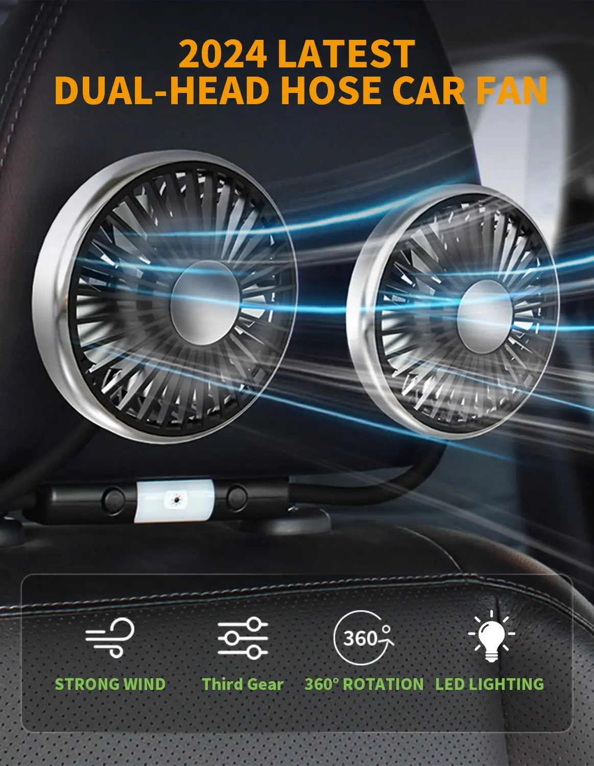 Dual Car Backseat Cooling Fans with 2 Independent Heads and Lights 3 Speeds 360° Rotatable Quiet Vehicle Fans