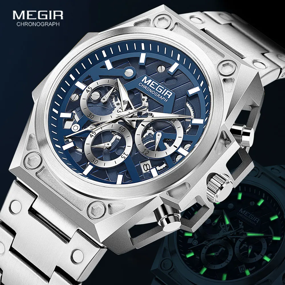 Fashion Megir Top Brand Blue Watch Men Full Stainless Steel Dress Man Waterproof Chronograph Quartz Watches Relogio Masculino