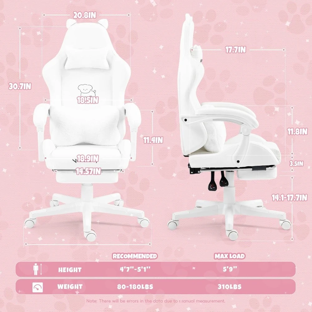 Cute Gaming Chair with Lumbar Cushion and Decorative Ears, Ergonomic Computer Chair with Footrest