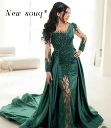 Dubai Green Beaded Mermaid Satin Evening Dresses Arabic Long Sleeves Elegant Formal Gowns 2024 For Woman Wedding Party