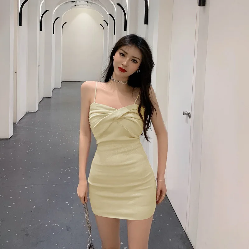 Summer Sexy Mini Dress Women Sleeveless Strap Streetwear Knitting Folds Bodycon Slim Solid Dress Party Elegant A-LINE Dresses