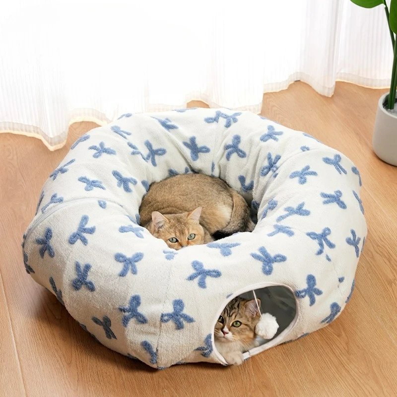 Móveis para Animais de Estimação: Cama Túnel para Gatos com Laço Fofo, Cama Espaçosa para Gatos, Toca Dobrável para Gatos, Túnel de Brincadeira, Tenda para Gatos