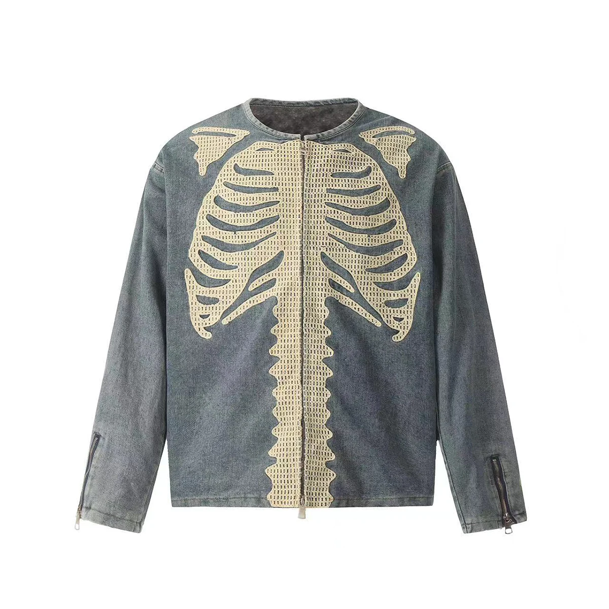 

Streetwear Skeleton Bone Embroidery Washed Blue Denim Jacket for Men and Women Vintage Crew Neck Windbreaker Fall Jeans Coat