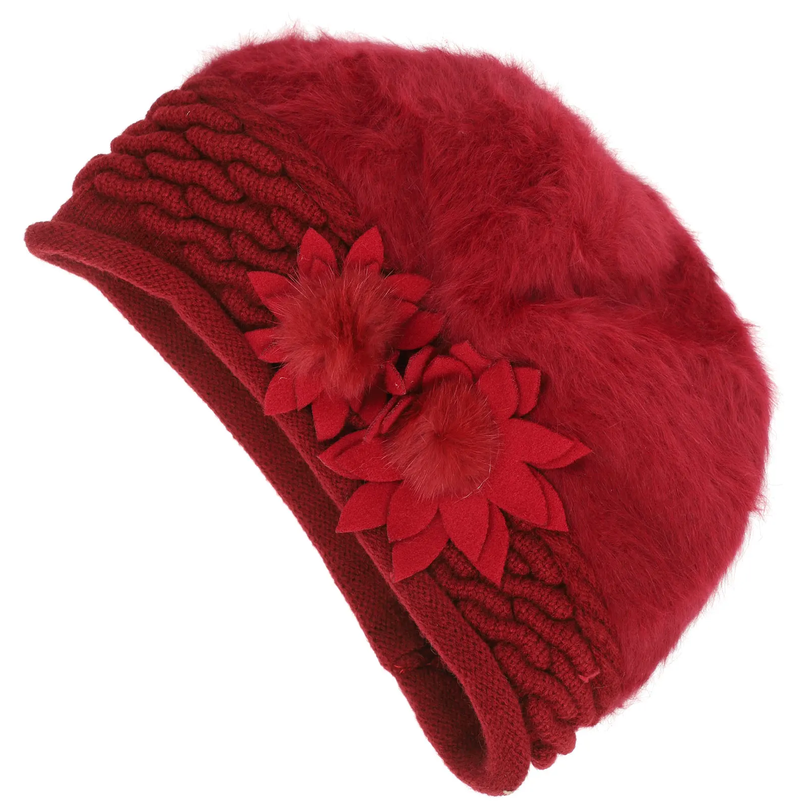 

Elegant Crochet Knitted Wool Warm Beanie For Women Girls Thickened Double Layer Lined Stretchy Outdoor Winter Sports Floral Side