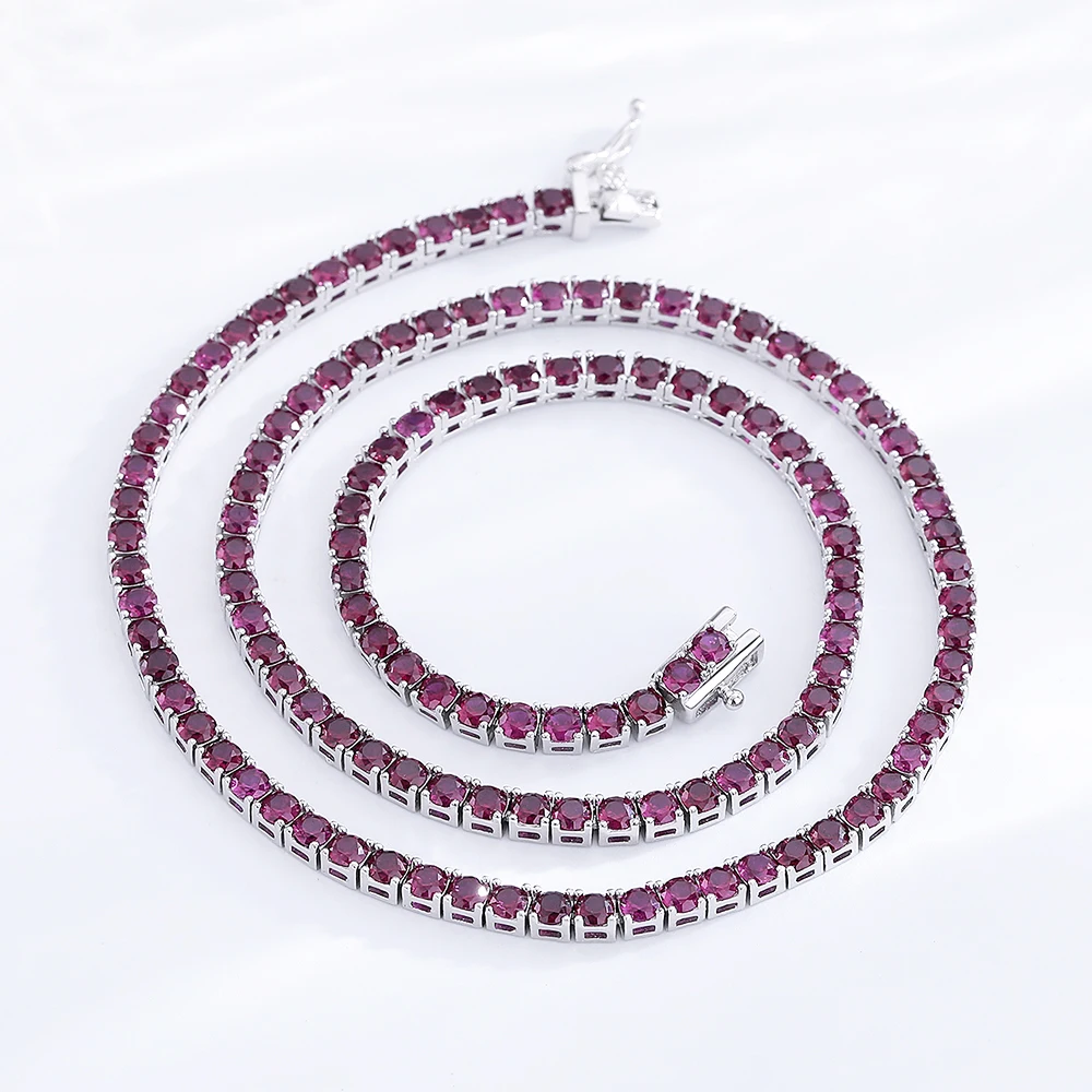 Real 925 Sterling Silver Tennis Necklace 16/18 Inch (41/45 cm) Pave 3mm Dark Ruby Red Cubic Zircon Fine Jewelry Choker Chain