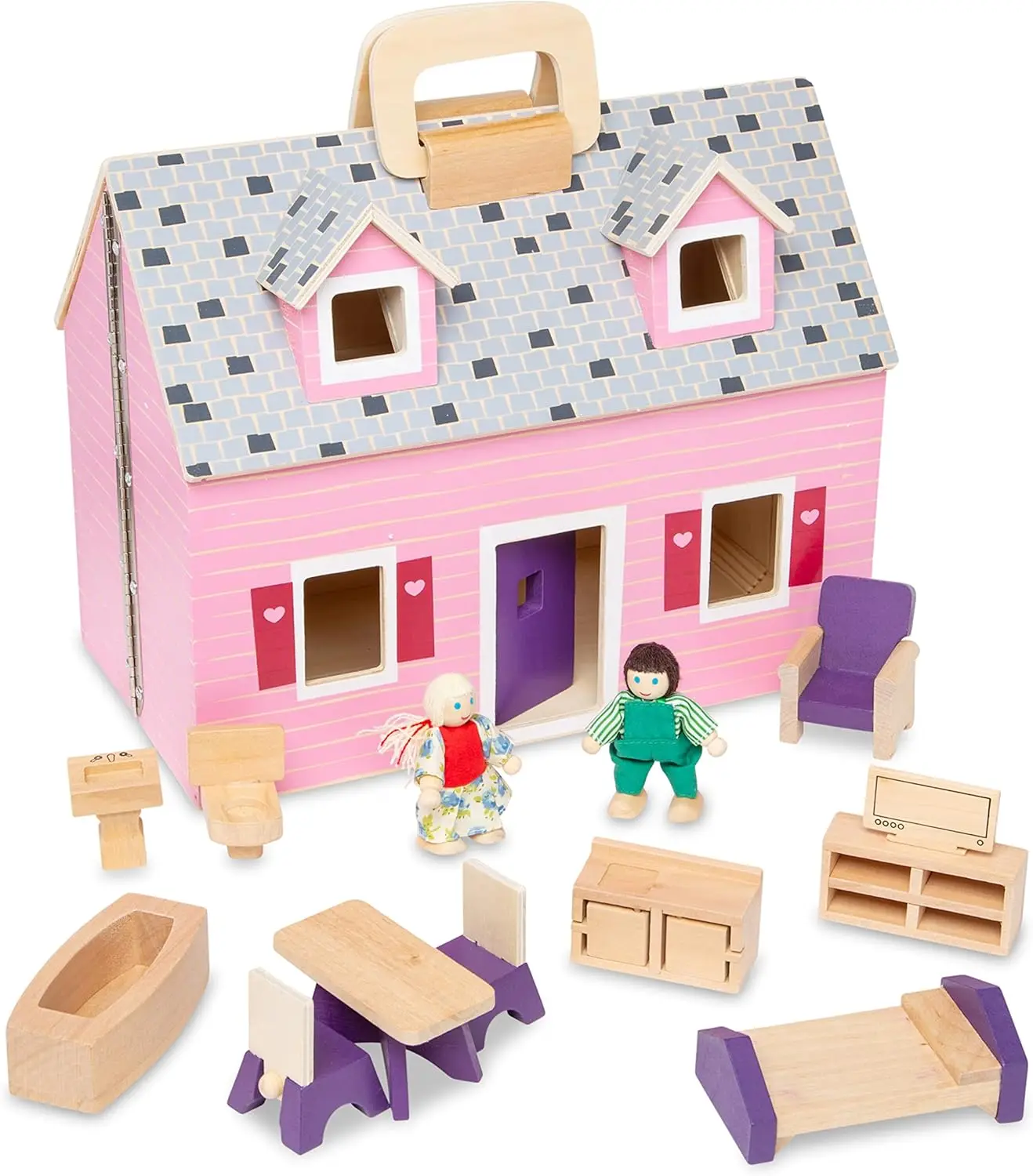 

Fold and Go Wooden Dollhouse With 2 Dolls and Wooden Furniture,Multi,One Size