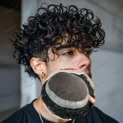 Breathable 28mm Curly 100% Human Hair Capillary Prosthesis System Men Toupee Natural Hairline Australian Lace&PU Base Male Wigs