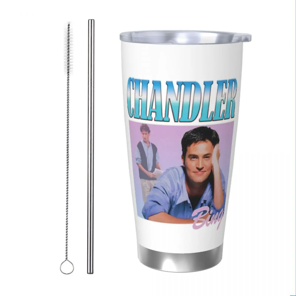 Chandler Bing Friends Sitcom RIP Matthew Perry Tumbler Vacuum Insulated Thermal Cup Stainless Steel Mug Water Bottle, 20oz