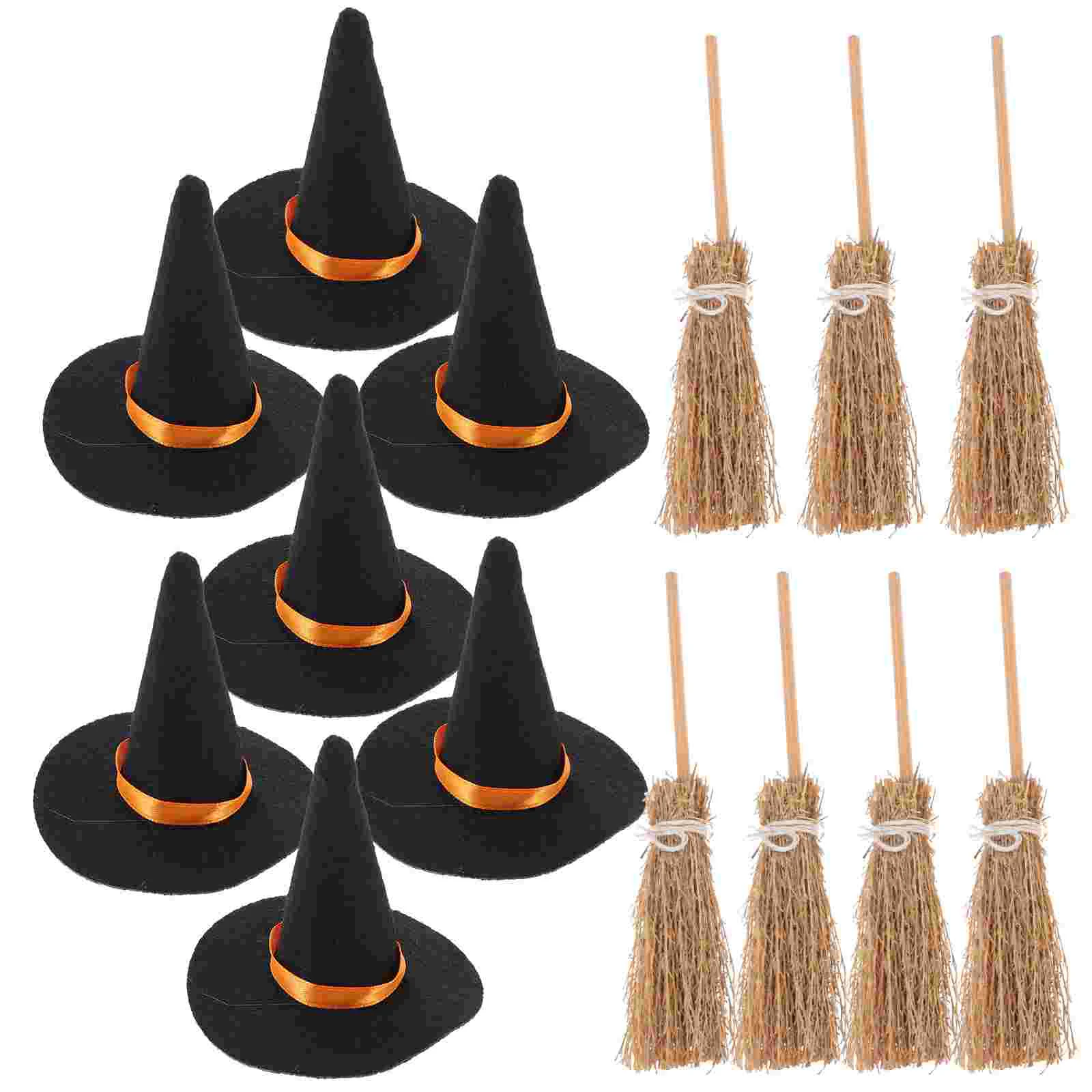 

7 Set Halloween Felt Witch Hat Mini Broom Tiny Decors Costumes for Kids Miniature Hats Fabric Small Decoration Crafts Child